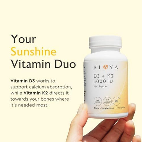 Alaya Naturals Vitamin D3 K2 Supplement 5000 IU D3 50 mcg K1 15 mcg K2 MK7 High Absorption Capsules for Bone and Immune Support NonGMO Vegetarian Capsules 60 Count