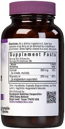 Bluebonnet Calcium Magnesium 1:1 Ratio Vegetarian Capsules 180 Count White