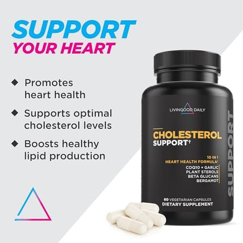Livingood Daily Cholesterol Support Supplement With Garlic Coq10 Vitamin E Bergamot Plant Sterols For Body And Heart Health Support Supports Ldl And Triglycerides Gluten Vegan 60 Capsules