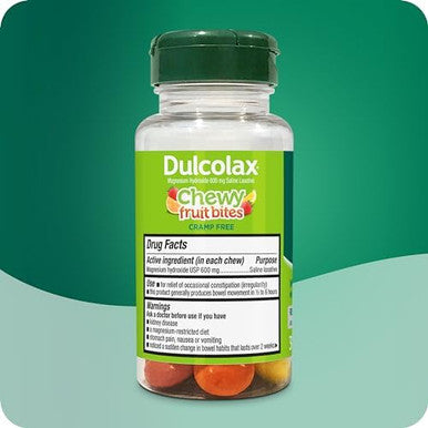 Dulcolax Saline Laxative Chewy Fruit Bites Fast Acting Laxative & Gentle Constipation Relief Assorted Fruit Flavor Magnesium Hydroxide 600 Mg 30 Count