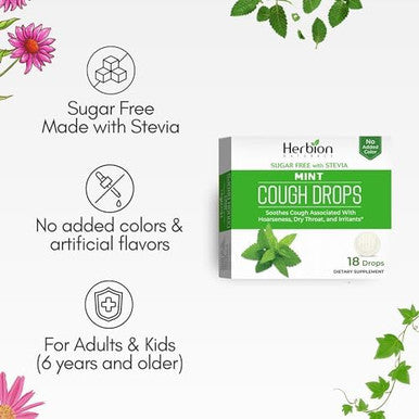Herbion Naturals Cough Drops With Mint Flavor Sugar With Stevia Dietary Supplement Soothes Cough For Adults And Children 6 Years+ 18 Drops