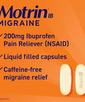 Motrin IB Migraine Relief Liquid Gel Capsules with Ibuprofen per Capsule Fast and Effective Migraine Headache Relief Medicine with NSAID Pain Reliever Ibuprofen Caffeine-Free