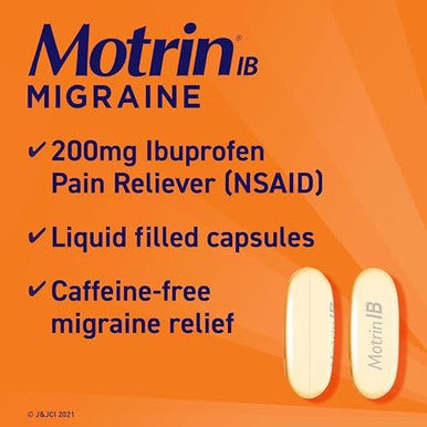 Motrin IB Migraine Relief Liquid Gel Capsules with Ibuprofen per Capsule Fast and Effective Migraine Headache Relief Medicine with NSAID Pain Reliever Ibuprofen Caffeine-Free