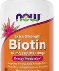 Now Foods Extra Strength Biotin 10000Mcg / 10 Mg 200 Count Hair Skin Nail Supplement For Men And Women B7 Vitamin Vegetarian Vegan Nongmo