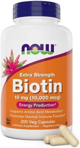 Now Foods Extra Strength Biotin 10000Mcg / 10 Mg 200 Count Hair Skin Nail Supplement For Men And Women B7 Vitamin Vegetarian Vegan Nongmo