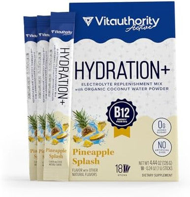 Vitauthority Hydration Electrolyte Powder Packets Blend Magnesium, Calcium, Sodium Potassium Coconut Water + Vitamin C & B12 Sugar-, Vegan, Non-Gmo, Energy & Immune Support 18 Servings Pineapple Flavored