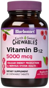 Bluebonnet Nutrition Earth Sweet Vitamin B12 5000 Mcg Chewable Tablets Soy Gluten Kosher Dairy Vegan Raspberry Flavored 60 Chewable Tablets 60 Servings