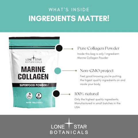 Lone Star Botanicals Marine Collagen Powder 100 Superfood Usa Grown Type 1 & 3 Skin And Hair Health Superfood For Smoothies Coffees Cooking Baking And Teas. (100 Grams)