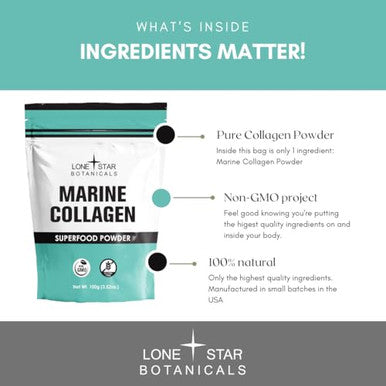 Lone Star Botanicals Marine Collagen Powder 100 Superfood Usa Grown Type 1 & 3 Skin And Hair Health Superfood For Smoothies Coffees Cooking Baking And Teas. (100 Grams)