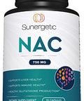 Sunergetic Premium Nac Supplement Nacetyl Cysteine " 750Mg Per Capsule " Supports Liver Detox Immune Cellular & Respiratory Health " 90 N Acetyl Cysteine Capsules