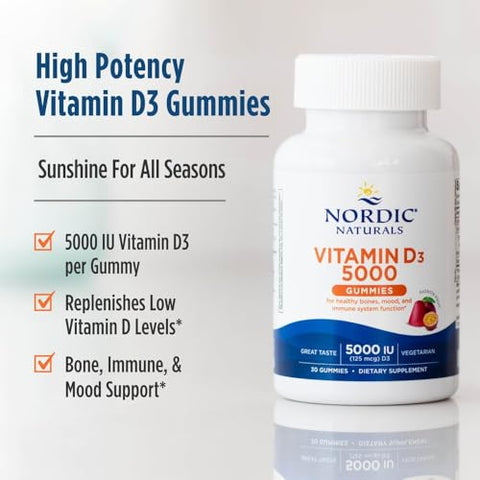 Nordic Naturals Vitamin D3 5000 Gummies Passion Fruit - 30 Gummies - Support For Healthy Bones Mood & Immune System - Vegetarian - Non-Gmo 30 Servings