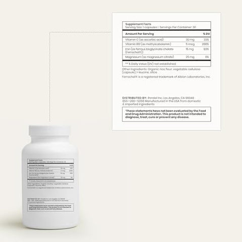 Perelel Daily Iron Ease 15MG Iron Supplements with Magnesium Vitamin C and Vitamin B12 for Nutrient and Energy Support Capsules for Women and Men Soy Dairy and Gluten Non GMO 30 Pills