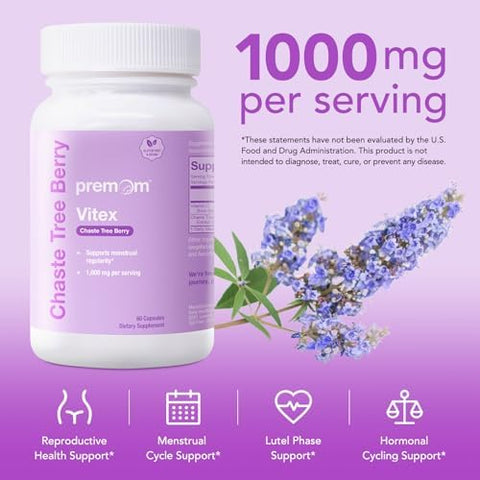 Premom Vitex Chaste Tree Berry: 1000Mg Vitex Chasteberry Supplement Supports Hormone Balance & Fertility Supports Menstrual Cycle Regularity Pms Support Supplement For Women Vegan Nongmos
