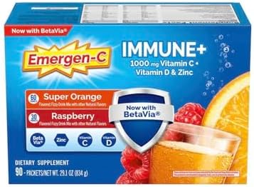 EmergenC Immune+ 1000 Mg Vitamin C + Vitamin D and Zinc (Super Orange 60 Ct/Raspberry 30Ct) 90 Packets