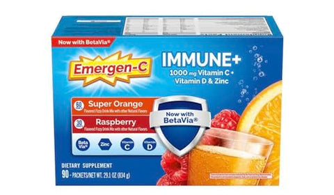 Emergen-C Immune 1000 Mg Vitamin C Vitamin D & Zinc (Super Orange 60 Ct/Raspberry 30Ct) 90 Packets