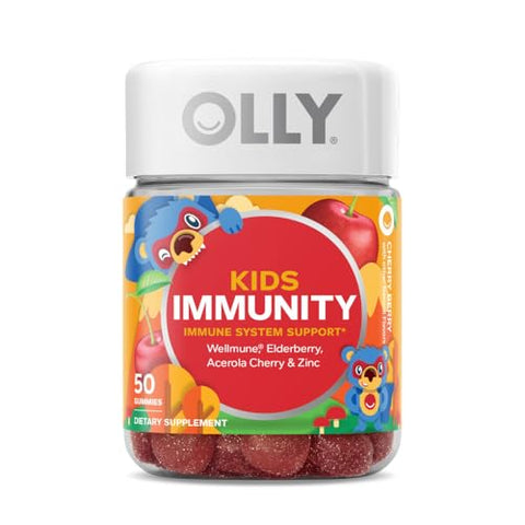 Olly Kids Immunity Gummy Immune Support Wellmune Elderberry Vitamin C Zinc Chewable Supplement Cherry - 50 Count & Gummy Active Immunity Elderberry 45 Gummies (1 Pack) Berry Flavor