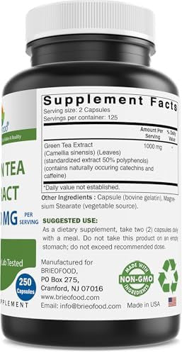 Brieofood Green Tea Extract 1000 Mg Per Serving (Min 50% Polyphenols) - 250 Capsules - 3Rd Party Lab Tested For Purity & Quality