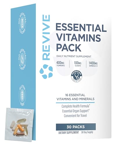 Revive MD Essential Vitamin Packs for Women and Men Vitamins Pack Daily Nutrient Supplement TravelFriendly Multivitamin Packets with Arjuna and Turmeric Extract Support Heart Joint and Organ Health