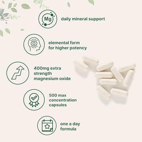 Micro Ingredients Magnesium Oxide 400Mg 500 Capsules Elemental Form For Max Concentration Supports Calm Muscle & Nerve Health Non-Gmo