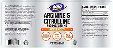Now Sports Nutrition Arginine & Citrulline 500 Mg/ 250 Mg Amino Acids 240 Veg Capsules