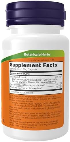 Now Foods Supplements, Silymarin Milk Thistle Extract 300 Mg With Artichoke And Dandelion, Double Strength, Supports Liver Function, 50 Veg Capsules