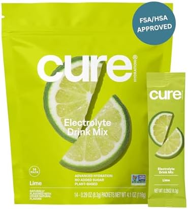 Cure Hydration Plantbased Electrolyte Drink Mix No Added Sugar Fsahsa Dehydration Relief Powder Made With Coconut Water Nongmo Vegan Pouch Of 14 Packets Watermelon