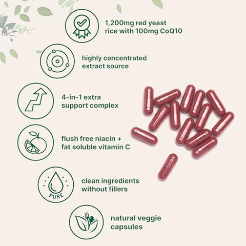 Micro Ingredients Red Yeast Rice With Coq10 1200Mg 240 Veggie Capsules Cholesterol Support & Heart Health Supplements 4-In-1 With Flush Free Niacin & Fat Soluble Vitamin C Filler Free Non-Gmo
