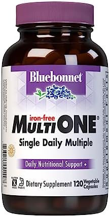 Bluebonnet Nutrition Multi One (Iron ) Vegetable Capsules Complete Full Spectrum Multiple B Vitamins General Health Gluten Milk Kosher 120 Count