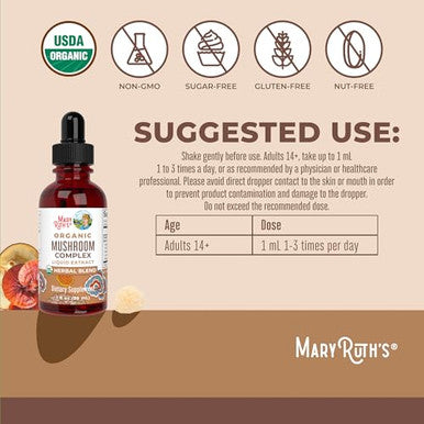Maryruth'S Mushroom Complex Lion'S Mane Turkey Tail Reishi Mushroom Shiitake Mushrooms Alcohol Free Mushroom Blend Organic Non-Gmo Vegan 30 Servings