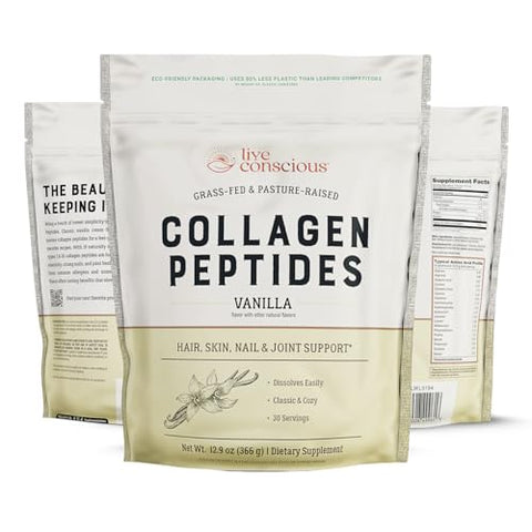 Live Conscious Collagen Peptides Powder - Vanilla Flavored Collagen - Hair Skin Nail & Joint Support - Type I & Iii Grass-Fed Collagen Supplements For Women And Men - 30 Servings 13Oz (2-Pack)