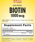 Sundance High Potency Biotin 1000 mcg Supplement Essential B Vitamin Tablets Vegetarian NonGMO and Gluten Free
