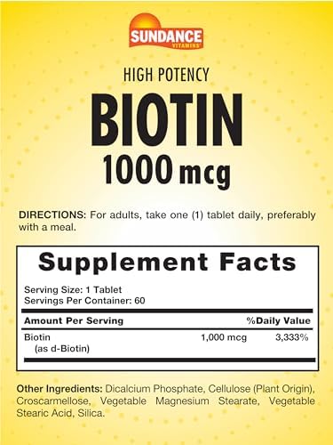 Sundance High Potency Biotin 1000 mcg Supplement Essential B Vitamin Tablets Vegetarian NonGMO and Gluten Free