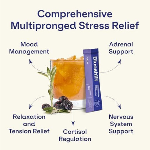 Blueshift Stress Relief Drink Mix For Adults " Blackberry Sage Ashwagandha Lemon Balm L'Theanine Gaba & B'Vitamins Zero'Sugar Stick Packs " Nondrowsy Cortisol Balance Calm 10 Ct