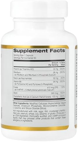 California Gold Nutrition Vitamin B Complex Thiamin B1 Riboflavin B2 Niacin B3 Pyridoxine B6 Biotin B7 Pantothenic Acid B5 And Pro Folate B9 Gluten Non Gmo 60 Veggie Capsules