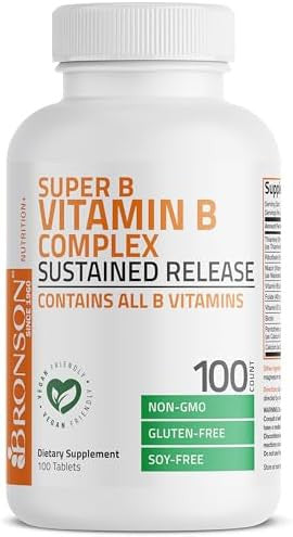 Bronson Super B Vitamin B Complex Sustained Slow Release (Vitamin B1, B2, B3, B6, B9 - Folic Acid, B12) Contains All B Vitamins 60 Tablets