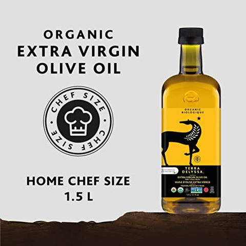 Terra Delyssa First Cold Pressed Organic Extra Virgin Olive Oil, Single Sourced, 1.5L Dark Plastic Bottle (51 fl. oz) - 1 Pack, Certified Kosher. Non-GMO, Naturally Rich in Antioxidants and Polyphenols