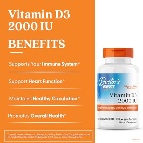 Doctor'S Best Vitamin D3 2000 Iu Softgels For Men & Women - Vitamin D Supplement For Immune System & Heart Health Support 50 Mcg Per Serving Vit D 3 Non Gmo Gluten & Soy Free 180 Veggie Softgels