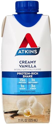 Atkins Creamy Vanilla Protein Shake 15G Protein Low Glycemic 2G Net Carb 1G Sugar Keto Friendly 4 Count