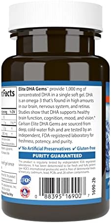 Carlson Elite DHA Gems 1000 mg DHA Supports Healthy Brain Function and Vision 30 soft gels