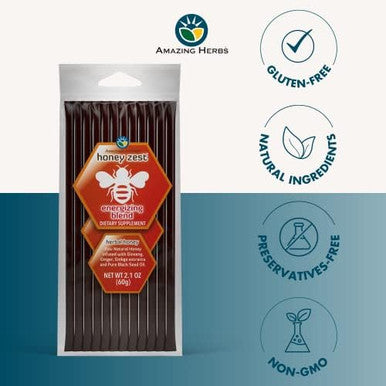 Amazing Herbs Raw Natural Honey - Herbal Honey Infused With Ginseng, Ginger, Ginkgo Extracts & Pure Black Seed Oil, Non Gmo, Gluten Immune Booster - Honeyzest Energizing Straws, 12 Count