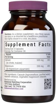 Bluebonnet Nutrition Calcium & Magnesium Bone Health Nongmo Vegan Kosher Gluten Soy 90 Vegetable Capsules 30 Servings
