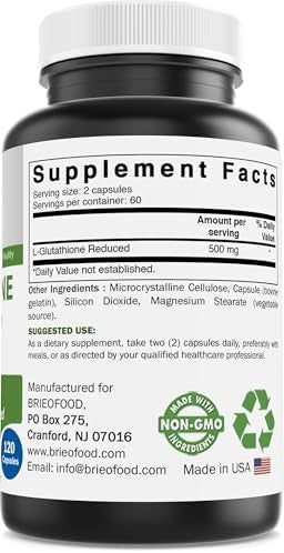 Brieofood Glutathione (Reduced) 500Mg Per Serving - 120 Capsules - Immune Support Supplement - Collagen & Antioxidant Support