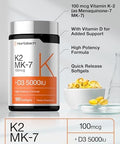Horbaach Vitamin D3 K2 5000 iu 100mcg MK7 Complex 180 Softgel Capsules NonGMO and Gluten Free Supplement