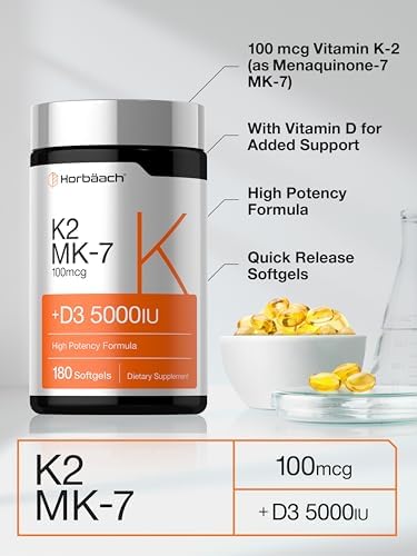 Horbaach Vitamin D3 K2 5000 iu 100mcg MK7 Complex 180 Softgel Capsules NonGMO and Gluten Free Supplement