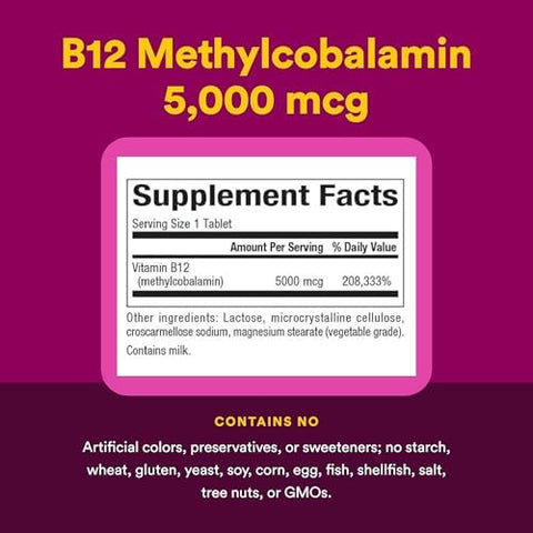 Natural Factors Vitamin B12 Methylcobalamin 5000 mcg Chewable Support for Energy and Immune Health Vegetarian 60 tablets (60 servings)