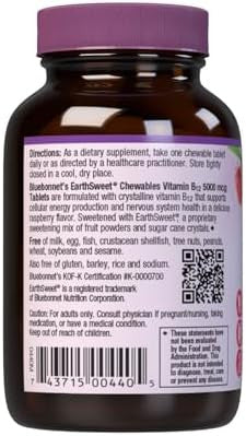 Bluebonnet Nutrition Earth Sweet Vitamin B12 5000 Mcg Chewable Tablets Soy Gluten Kosher Dairy Vegan Raspberry Flavored 30 Chewable Tablets 30 Servings