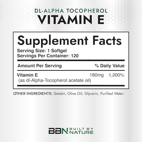 Built by Nature Vitamin E with Olive Oil 400 IU (dlAlpha Tocopherol) High Potency Antioxidant Supplement for Immune Skin and Heart Health NonGMO 4 Month Supply 120 Softgels