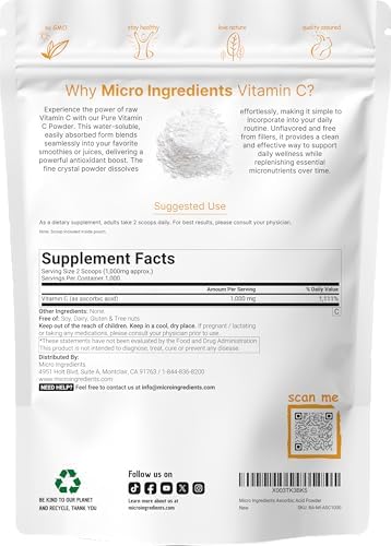 Micro Ingredients Pure Vitamin C Powder 2.2Lbs (1Kg) Unflavored Ascorbic Acid Supplements Vitamins For Women and Men NonGmo Gluten