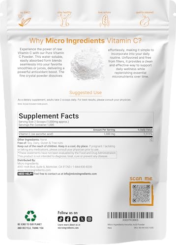 Micro Ingredients Pure Vitamin C Powder 2.2Lbs (1Kg) Unflavored Ascorbic Acid Supplements Vitamins For Women & Men Non-Gmo Gluten Free