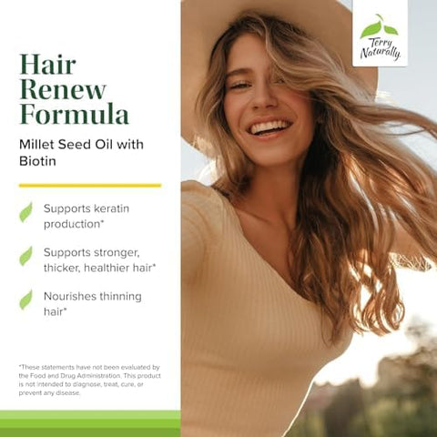 Terry Naturally Hair Renew Formula Healthy Hair Growth Supplement with Biotin B Vitamins and Zinc Millet Seed Oil for Keratin Production Support and Stronger More Radiant Strands 60 Softgels